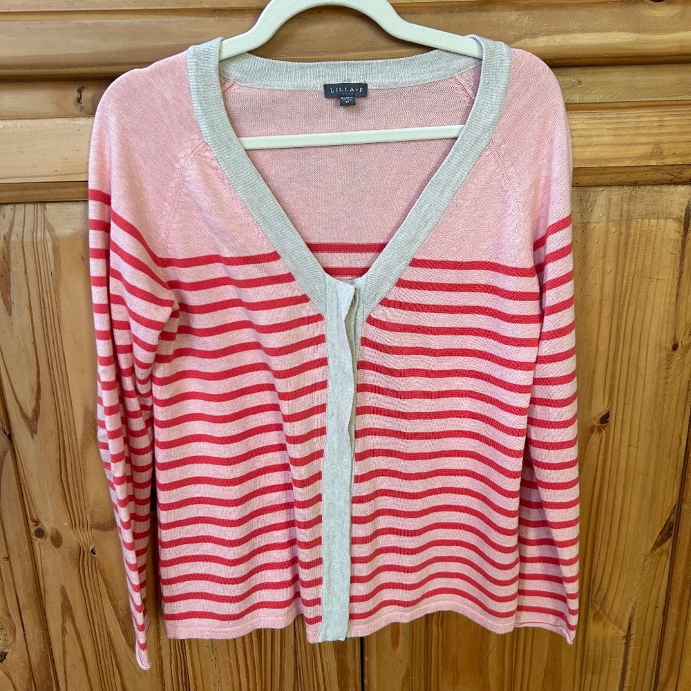Lilla P Sweater Button Up Pink Stripe V Neck Cotton Modal Women Cardigan Medium